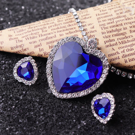 Crystal Ocean Heart Blue Girlfriend Wife Mom Valentine Necklace Pendant Earrings