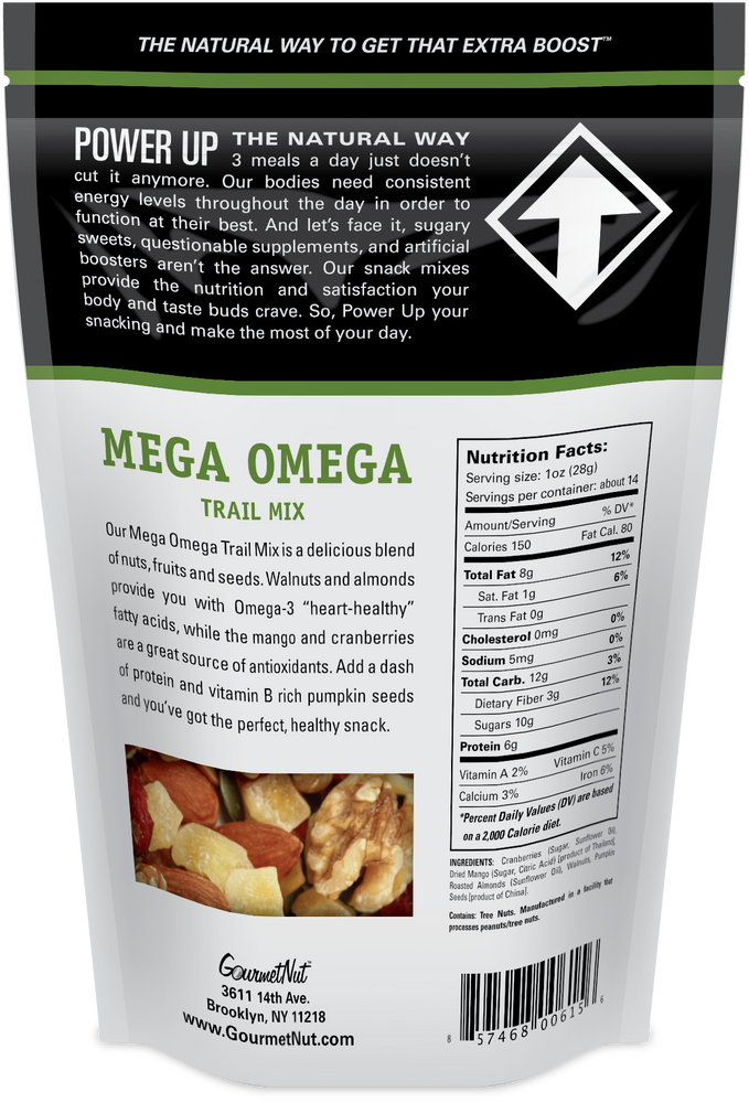 Power Up Mega Omega Trail Mix from Gourmet Nut, 14 oz. Resealable Bag, Gluten Free