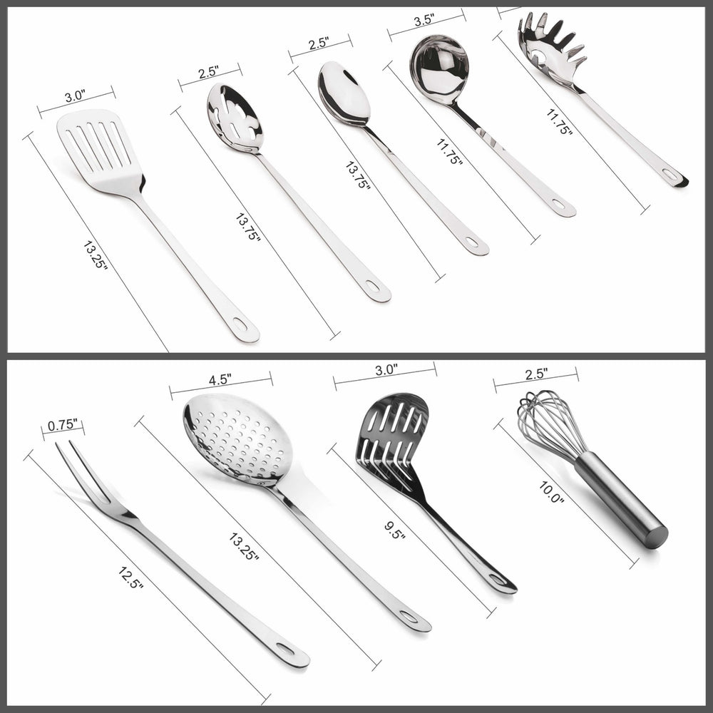 Complete 9 Piece Stainless Steel Cooking & Serving Set - Slotted Turner & Spoon, Solid Spoon, Large Fork, Ladle, Skimmer, Whisk, Potato Masher & Pasta Server - Heavy Gauge Durability - Mirror Finish