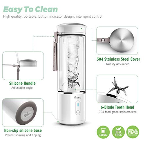 Portable Blender, G-TING Personal Smoothies Blender Cordless, Mini Blender Single Serve 400ml USB Rechargeable Small Juice Mixer 6 Blades Portable Juicer for Shakes, Smoothies, Home, Travel & Gym