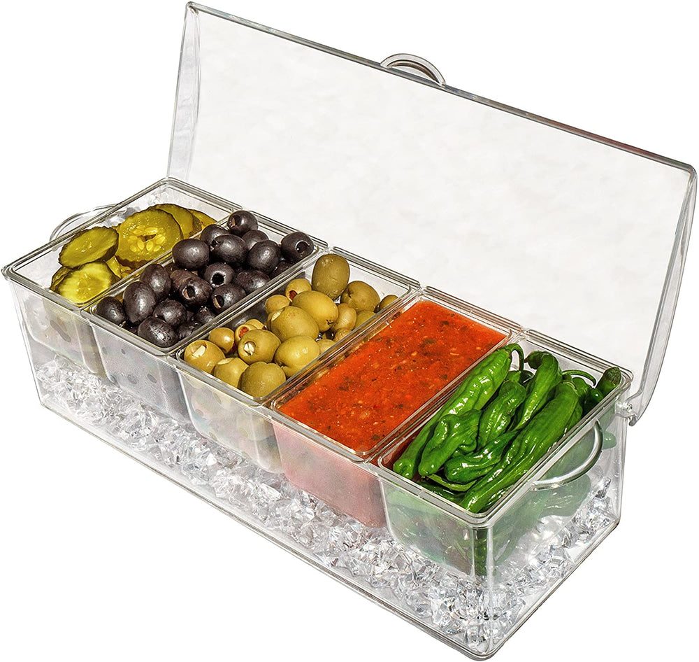 Ice Chilled 5 Compartment Condiment Server Caddy - Serving Tray Container with 5 Removable Dishes with over 2 Cup Capacity Each and Hinged Lid | 3 Serving Spoons + 3 Tongs Included
