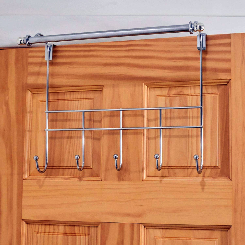 Towel Door Hanger includes Towel Rack Bar, 5 Towel Hooks, No Assembly Required, 17 Inches Wide, 2 Inch Over the Door Hook Space, Chrome
