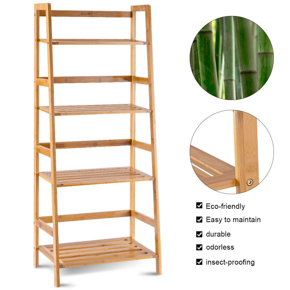 Costway Multifunctional 4 Shelf Bamboo Bookcase Ladder Plant Flower Stand Rack Storage