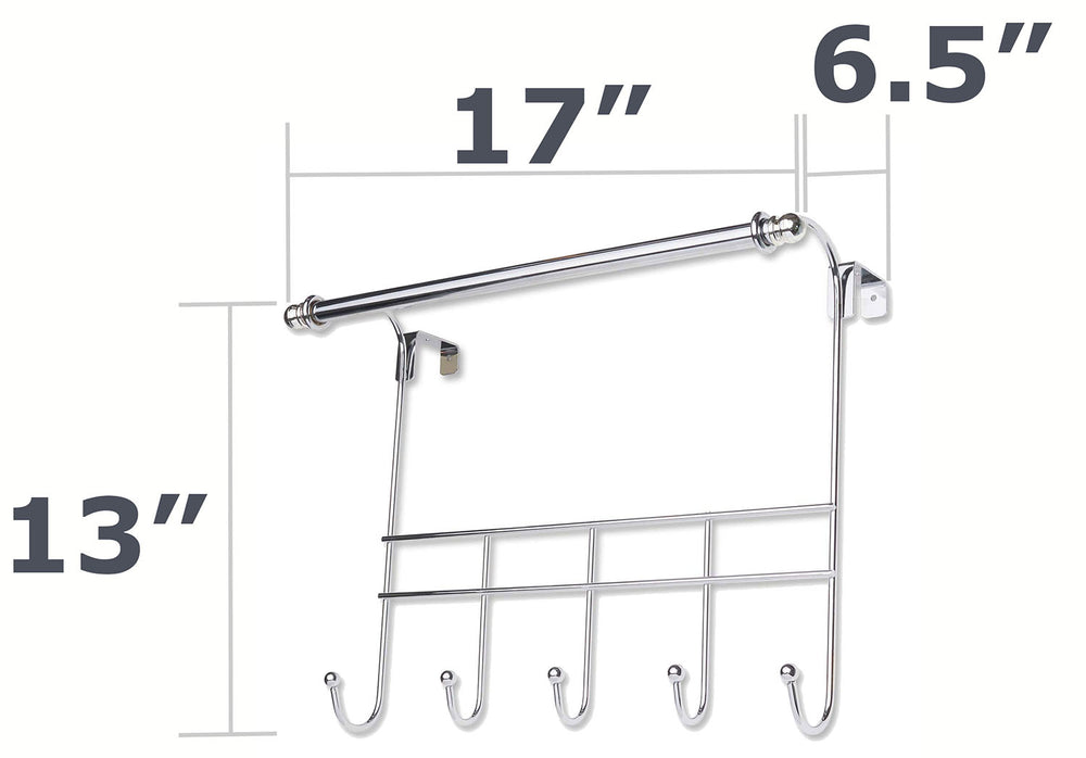 Towel Door Hanger includes Towel Rack Bar, 5 Towel Hooks, No Assembly Required, 17 Inches Wide, 2 Inch Over the Door Hook Space, Chrome