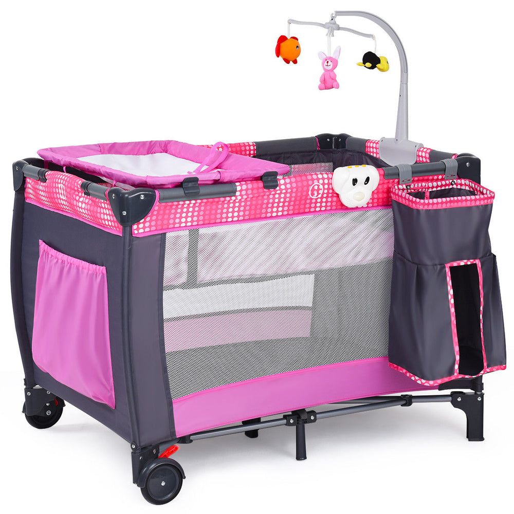 Costway Foldable Travel Playard with Bassinet, Pink