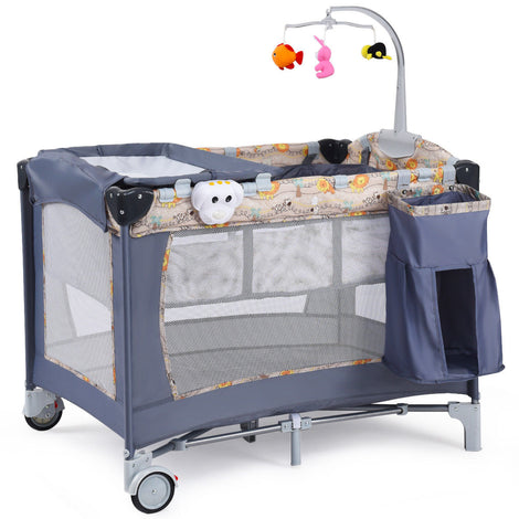 Costway Foldable Baby Crib Playpen Playard Pack Travel Infant Bassinet Bed Music Gray