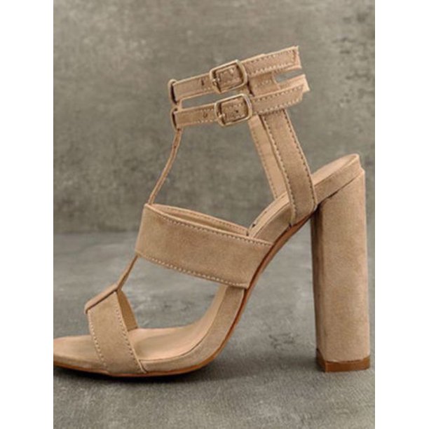 Women High Chunky Block Heels Sandals Buckle Ankle Strappy Slingback Party Shoes, Color: - Beige