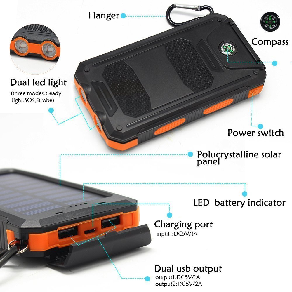 Tagital Waterproof 300,000mAh Solar Charger Solar Power Bank Dual USB Portable Charger for iPhone Android Phones