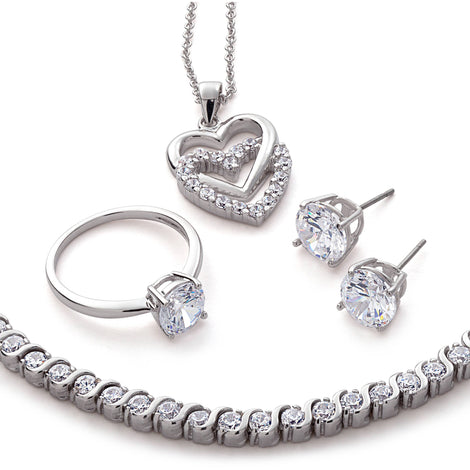 Rhodium Plated CZ Earring, Pendant, Ring and Bracelet Wardrobe Set