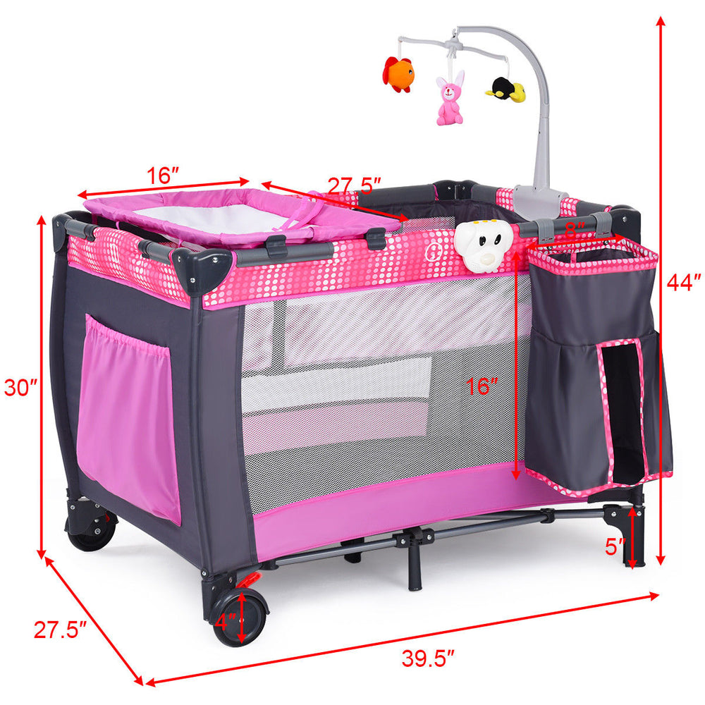 Costway Foldable Travel Playard with Bassinet, Pink