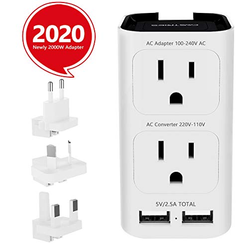 CASTRIES Voltage Converter 220 to 110, 2000W Universal Travel Adapter and Converter Combo with 2.5A 2-Port USB Charging and EU/UK/AUS/US Worldwide Plug Adapter, White