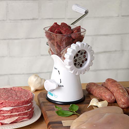 Manual Meat Grinder- Rust-Free Mincer w 2 Stainless Steel Plates, Sausage Attachment, Press, Heavy Duty Suction Base and Dishwasher Safe Design- Make Suasage, Ground Beef, Hamburgers and More