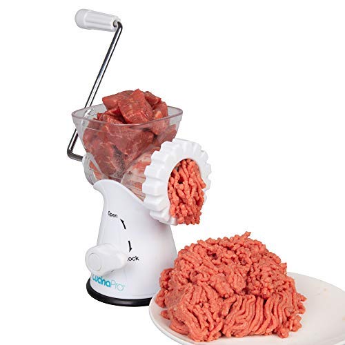 Manual Meat Grinder- Rust-Free Mincer w 2 Stainless Steel Plates, Sausage Attachment, Press, Heavy Duty Suction Base and Dishwasher Safe Design- Make Suasage, Ground Beef, Hamburgers and More