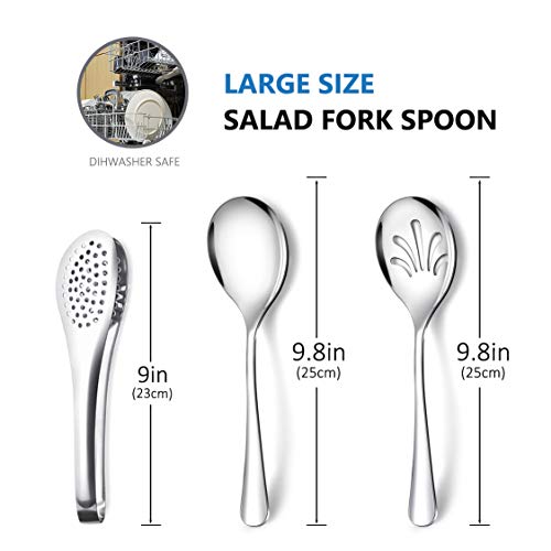 Stainless Steel Metal Serving Utensils - Large Set of 9-10 Serving Spoons,  10 Slotted Spoons, and 9 Serving Tongs by Teivio (Silver)