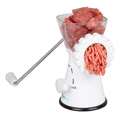 Manual Meat Grinder- Rust-Free Mincer w 2 Stainless Steel Plates, Sausage Attachment, Press, Heavy Duty Suction Base and Dishwasher Safe Design- Make Suasage, Ground Beef, Hamburgers and More