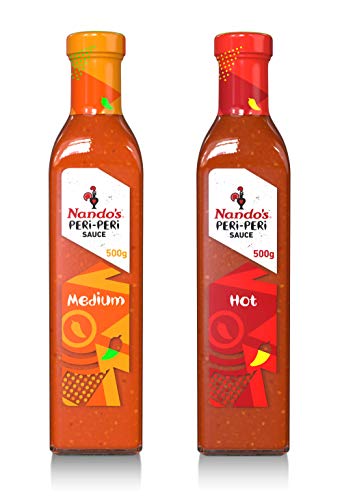 Nando's PERi-PERi Spicy Variety Pack - Flavorful Medium and Hot Sauce Bundle | Gluten Free | Non GMO -17.6oz Bottle (2 Pack)