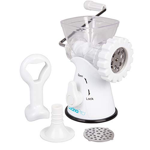 Manual Meat Grinder- Rust-Free Mincer w 2 Stainless Steel Plates, Sausage Attachment, Press, Heavy Duty Suction Base and Dishwasher Safe Design- Make Suasage, Ground Beef, Hamburgers and More