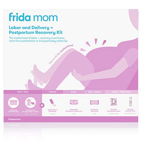 Frida Mom Hospital Packing Kit for Labor, Delivery, Postpartum | Nursing Gown, Socks, Peri Bottle, Disposable Underwear, Ice Maxi Pads, Pad Liners, Perineal Foam, Toiletry Bag (15 Piece Gift Set)
