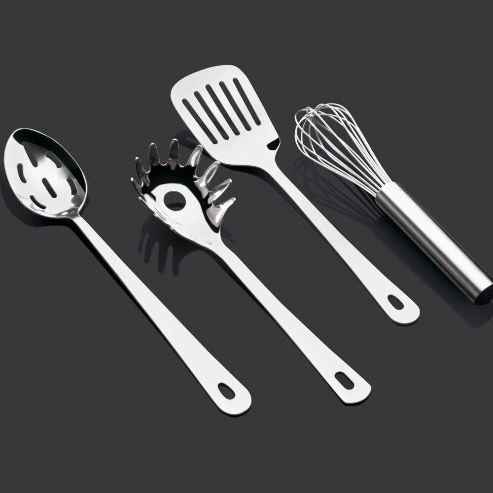 Complete 9 Piece Stainless Steel Cooking & Serving Set - Slotted Turner & Spoon, Solid Spoon, Large Fork, Ladle, Skimmer, Whisk, Potato Masher & Pasta Server - Heavy Gauge Durability - Mirror Finish