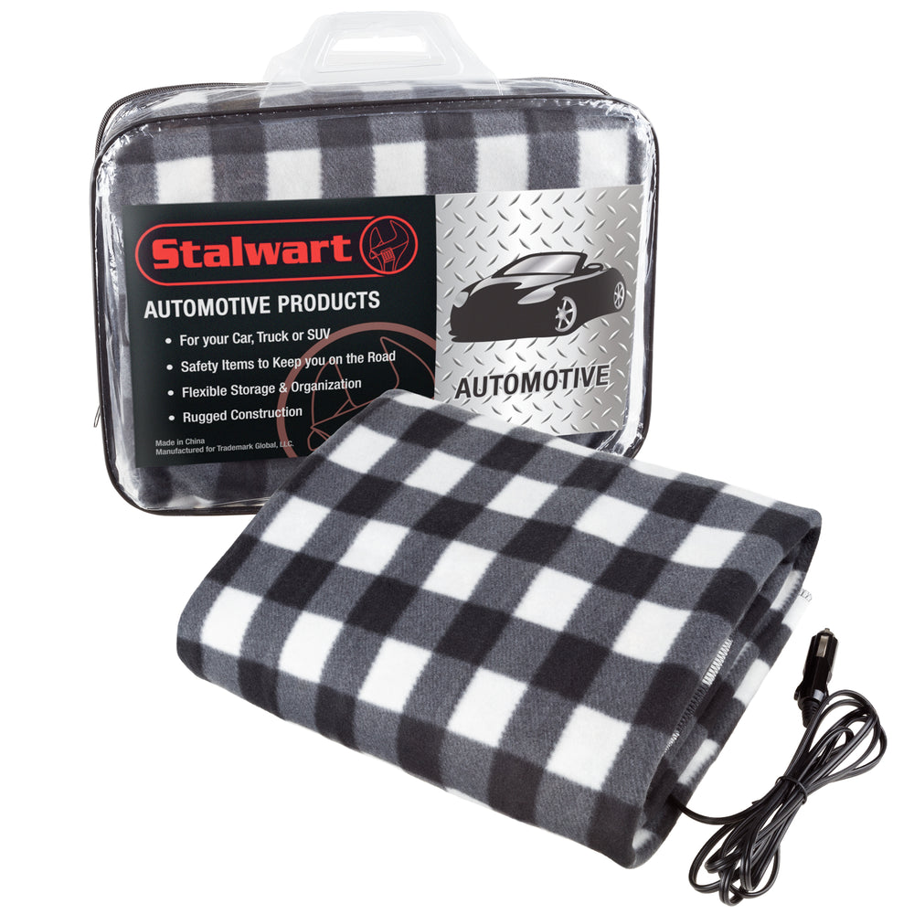 Electric Car Blanket- Heated 12V Polar Fleece Travel Throw for Car, Truck & RV by Stalwart (Black/White)