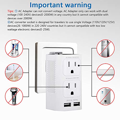 CASTRIES Voltage Converter 220 to 110, 2000W Universal Travel Adapter and Converter Combo with 2.5A 2-Port USB Charging and EU/UK/AUS/US Worldwide Plug Adapter, White