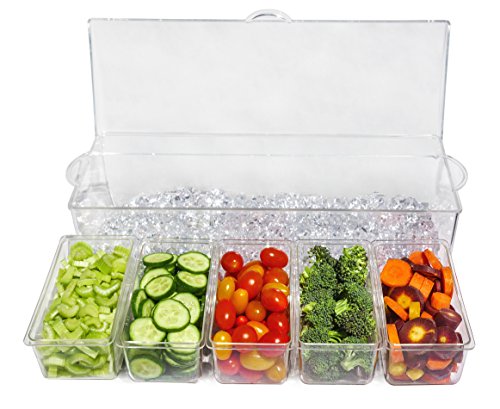 Ice Chilled 5 Compartment Condiment Server Caddy - Serving Tray Container with 5 Removable Dishes with over 2 Cup Capacity Each and Hinged Lid | 3 Serving Spoons + 3 Tongs Included