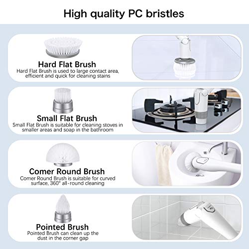 Electric Spin Scrubber, Tilswall Cordless Grout Shower 360 Power Bathroom Cleaner with 4 Replaceable Rotating Cleaning Brush Heads, Tool-Free Adjustable Extension Handle for Tub, Tile, Floor, Bathtub