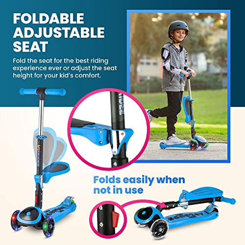 S SKIDEE Scooter for Kids with Foldable and Removable Seat – Adjustable Height, 3 LED Light Wheels, USA Brand 3 Wheels Kick Scooter for Girls & Boys 2-12 Years Old - Y200