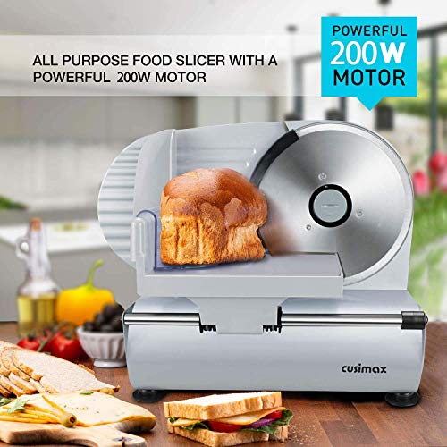 CUSIMAX Meat Slicer Electric Food Slicer with 7.5” Removable Stainless Steel Blade and Pusher, Deli Cheese Fruit Vegetable Bread Cutter, Adjustable Knob for Thickness, Food Carriage & Non-Slip Feet