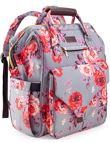 Diaper Bag Backpack, Upgraded Kaome Large Capacity Multifunction Nappy Bags, Waterproof Baby Bag Floral Insulated Durable Travel Maternity Back Pack for Baby Girls with Diaper Pad Bottle Bag (Floral)