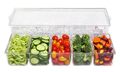 Ice Chilled 5 Compartment Condiment Server Caddy - Serving Tray Container with 5 Removable Dishes with over 2 Cup Capacity Each and Hinged Lid | 3 Serving Spoons + 3 Tongs Included