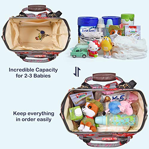 Diaper Bag Backpack, Upgraded Kaome Large Capacity Multifunction Nappy Bags, Waterproof Baby Bag Floral Insulated Durable Travel Maternity Back Pack for Baby Girls with Diaper Pad Bottle Bag (Floral)