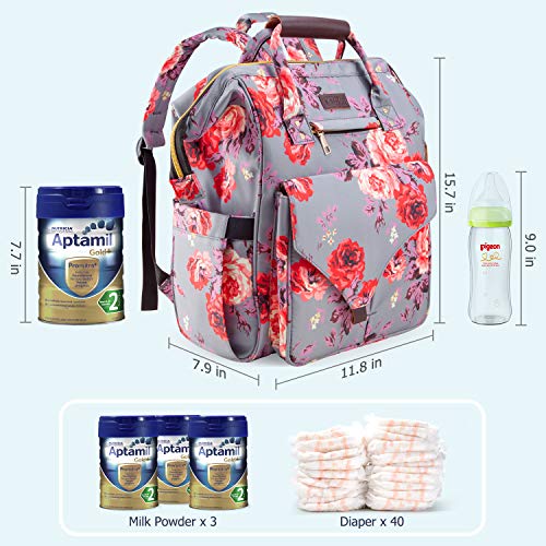 Diaper Bag Backpack, Upgraded Kaome Large Capacity Multifunction Nappy Bags, Waterproof Baby Bag Floral Insulated Durable Travel Maternity Back Pack for Baby Girls with Diaper Pad Bottle Bag (Floral)