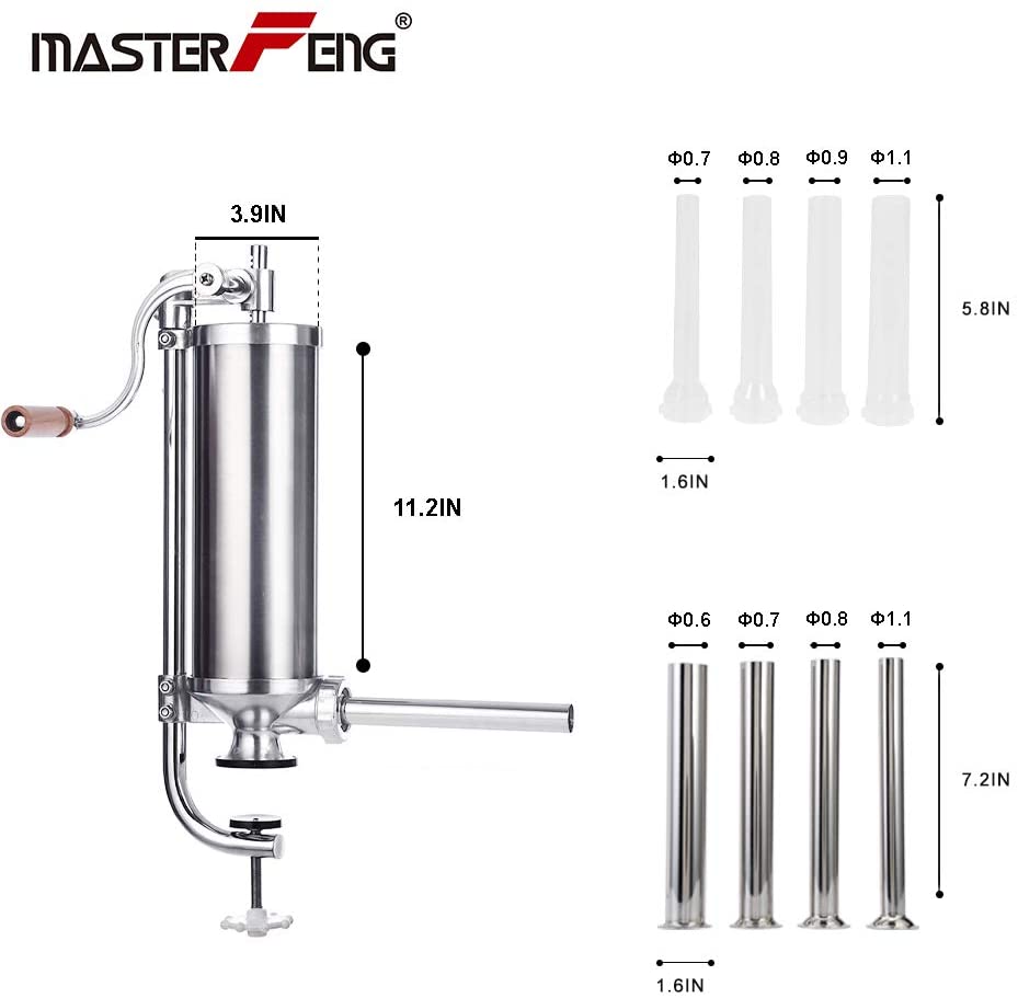 Sausage Stuffer, Stainless Steel Homemade Sausage Maker Vertical Meat Filling Kitchen Machine, Packed 8 Stuffing Tubes (2.5LBS/1.5L)