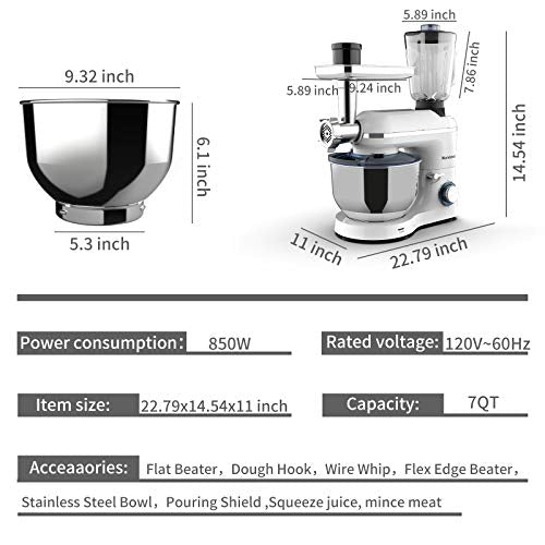 Nurxiovo 3 in 1 Stand Mixer,850W Kitchen Food Mixer with 6 Speed and Pulse, Home mixer stand up with 6.5 QT Stainless Steel Bowl,Dough Hook,Whisk, Beater,Meat Blender and Juice Extracter White