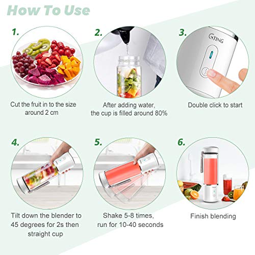 Portable Blender, G-TING Personal Smoothies Blender Cordless, Mini Blender Single Serve 400ml USB Rechargeable Small Juice Mixer 6 Blades Portable Juicer for Shakes, Smoothies, Home, Travel & Gym