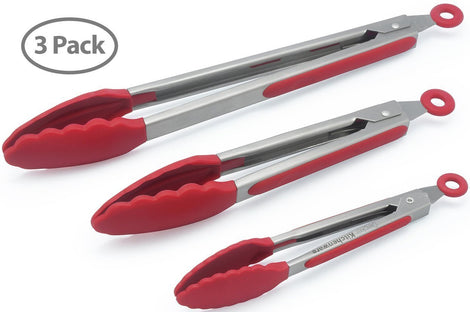 The holm Set of 3 Heavy Duty, Non-stick, Stainless Steel Kitchen Red Tongs (7, 9, 12 Inch) for Barbeque, Cooking, Grilling Turner - A Serving and Feeding Set for Your Kitchen