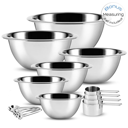 Premium Stainless Steel Mixing Bowl Measuring Cup and Spoon Set 14 Piece - Nesting Bowls for Baking, Cooking & Meal Prep