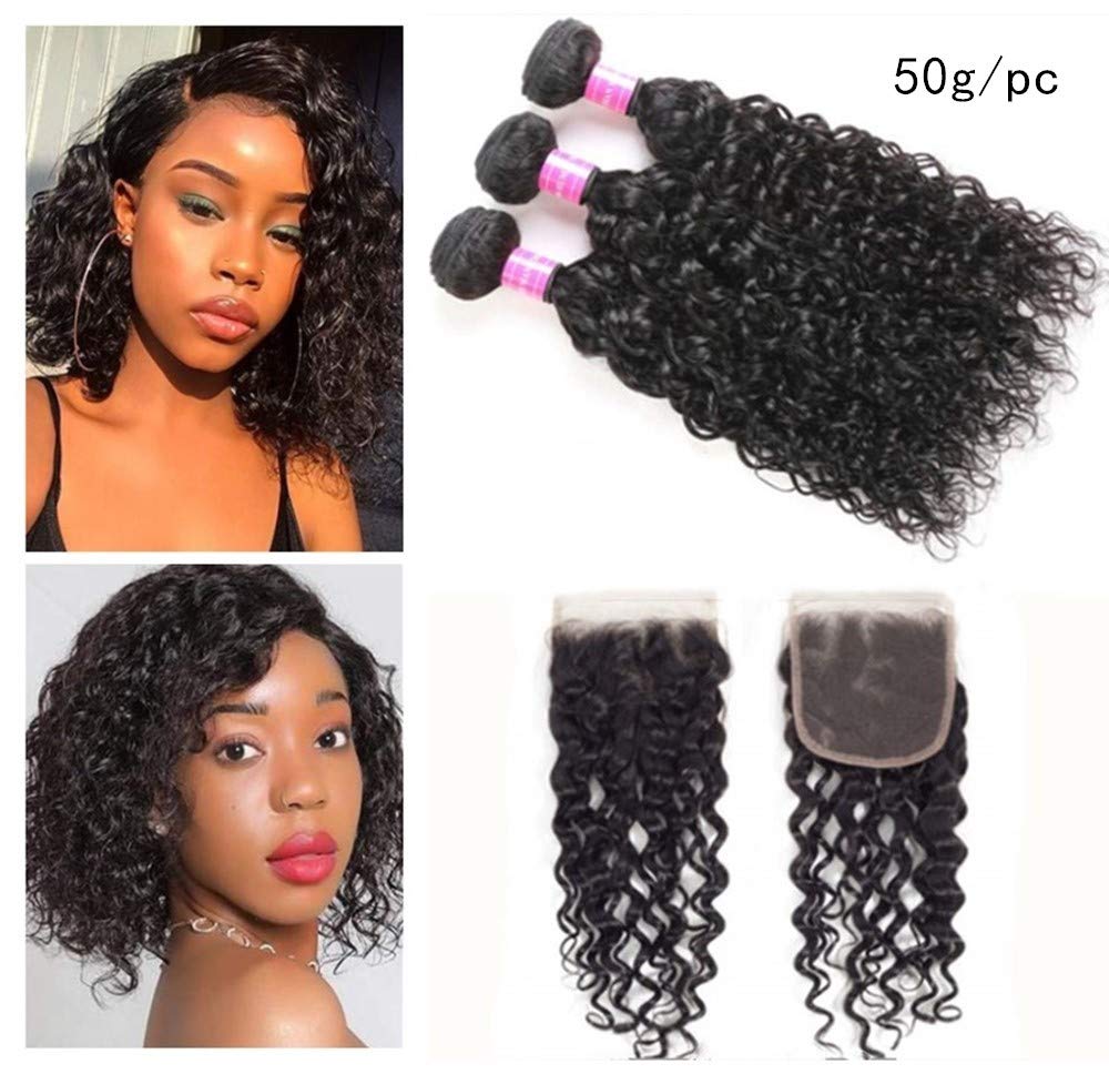 Brazilian Water Wave Bundles with Closure 9A Ocean Wave Wet and Wavy Human Hair Bundles with Closure 100% Human Hair Weave Extensions Remy Hair Bundles Water Curly Hair (10 10 10+8, )