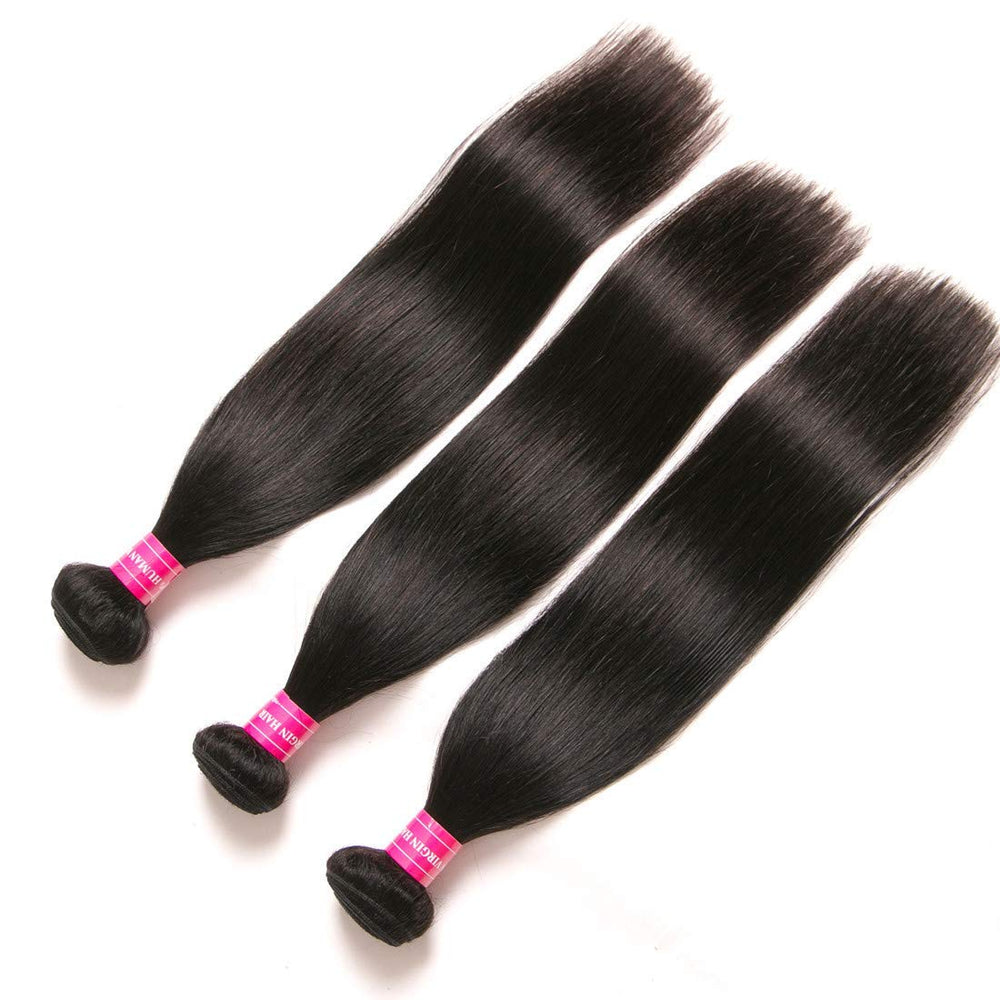 Blowing Straight Hair 3 Bundles with Closure Brazilian Virgin Hair Three Part Lace Closure with Bundles 8a Straight Human Hair Weft with Closure Three Part Natural Color（10 12 14+10)