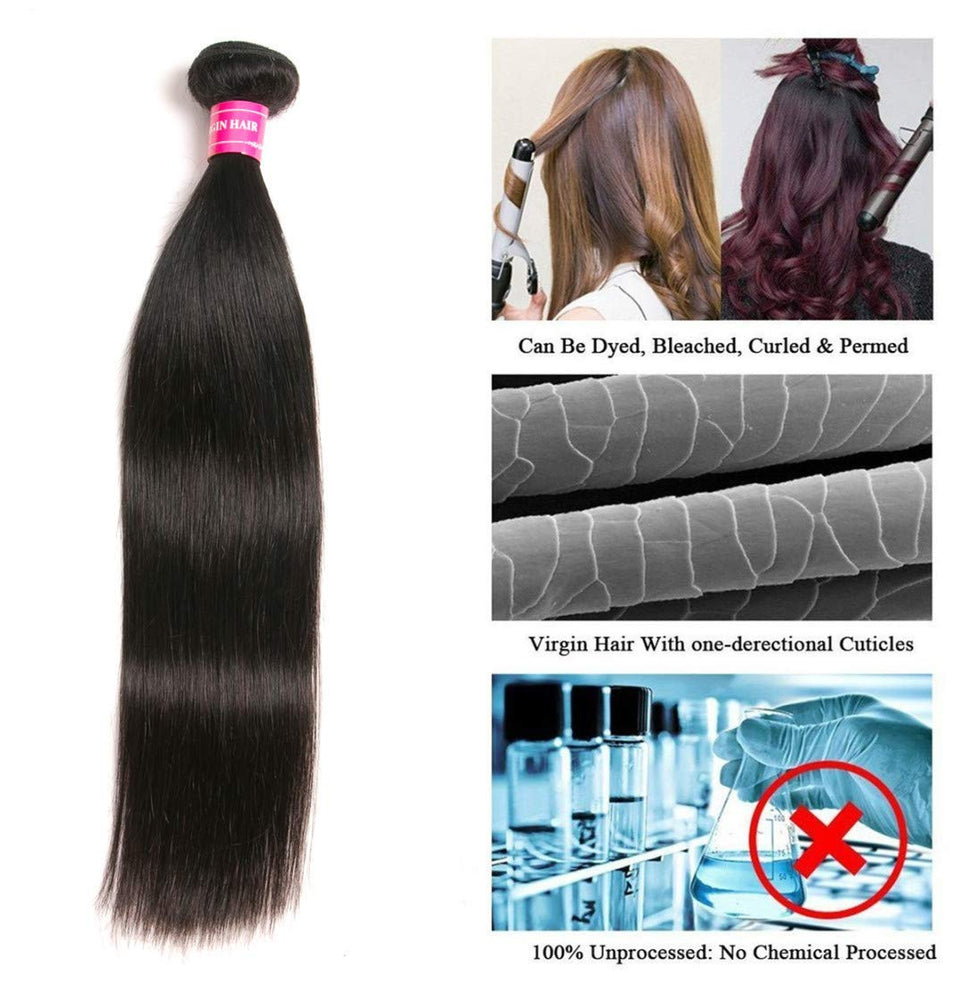 Blowing Straight Hair 3 Bundles with Closure Brazilian Virgin Hair Three Part Lace Closure with Bundles 8a Straight Human Hair Weft with Closure Three Part Natural Color（10 12 14+10，Three part）