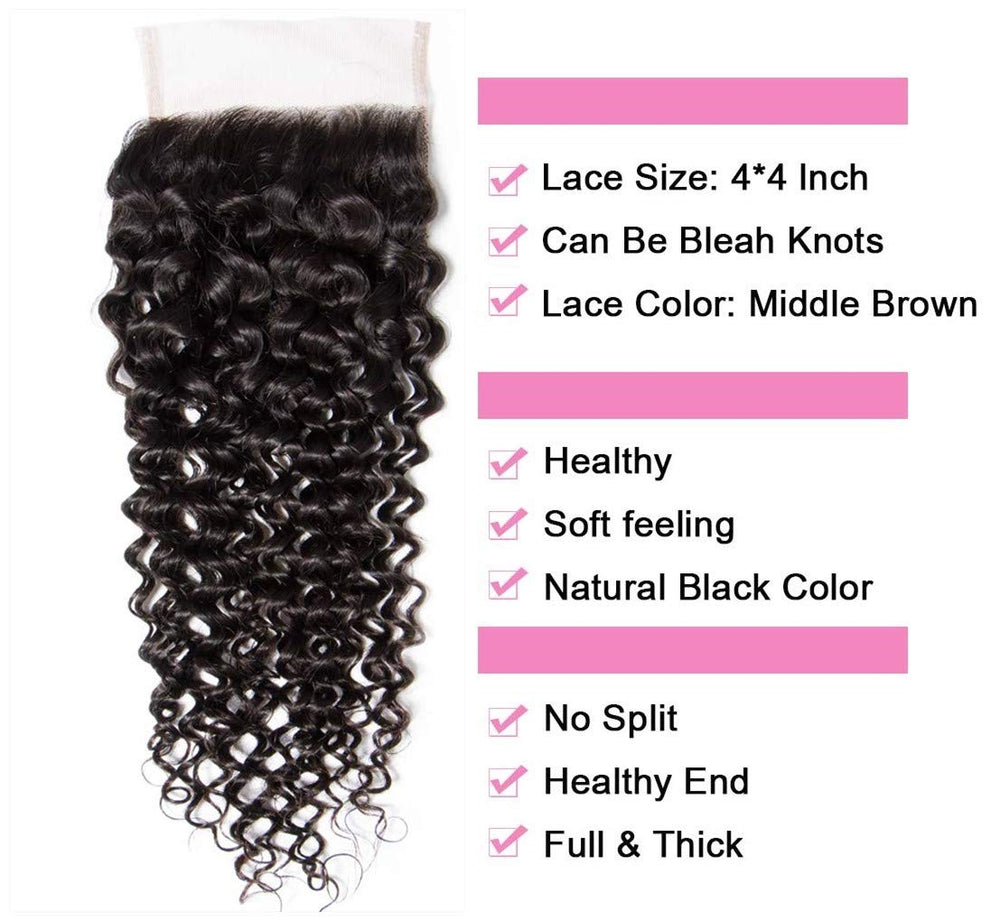 Brazilian Water Wave Bundles with Closure 9A Ocean Wave Wet and Wavy Human Hair Bundles with Closure 100% Human Hair Weave Extensions Remy Hair Bundles Water Curly Hair (10 10 10+8, )