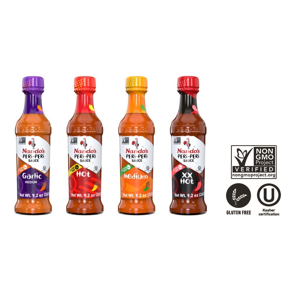 Nando's PERi PERi Hot Sauce Foodies Flavor Pack - Coconut Lemon, Lemon & Herb, Garlic, Medium - 9.1oz Bottles, 4PK