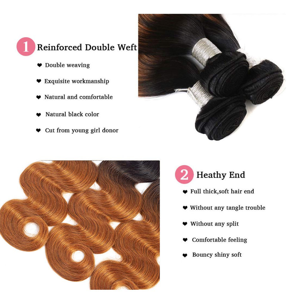 Sakula 2 Tone Ombre Body Wave 100% Human Hair Bundles with Closure Brazilian Unprocessed Grade 7A Virgin Remy Hair Extensions with 1B/30 Color (16 16 18 18+14 inch)