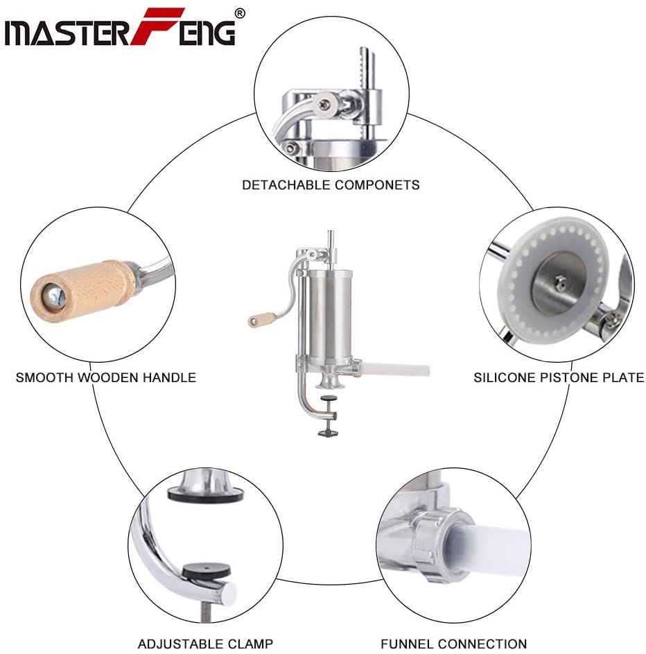 Sausage Stuffer, Stainless Steel Homemade Sausage Maker Vertical Meat Filling Kitchen Machine, Packed 8 Stuffing Tubes (2.5LBS/1.5L)