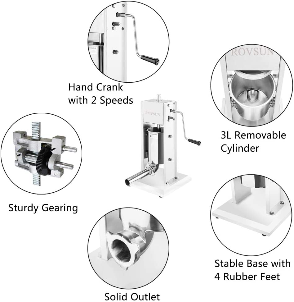 ROVSUN 7LBS/3L Vertical Stainless Steel Sausage Stuffer Maker, Dual Speed Heavy Duty Meat Filler, With 4 Stainless Steel Sausage Tubes, Commercial & Home Use