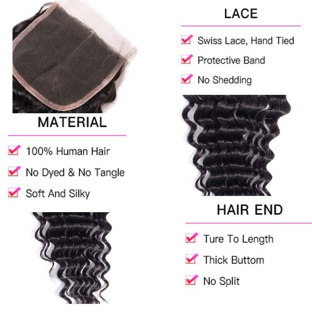 Brazilian Deep Wave Bundles With Closure 100% Virgin Human Hair 4 Bundles With Closure Free Part Unprocessed Short Bob Curly Hair Bundles With Closure Natural Black Color (10 10 10 10 with 8)