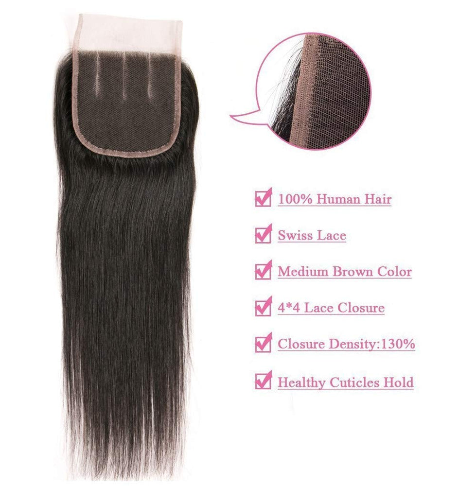 Blowing Straight Hair 3 Bundles with Closure Brazilian Virgin Hair Three Part Lace Closure with Bundles 8a Straight Human Hair Weft with Closure Three Part Natural Color（10 12 14+10，Three part）