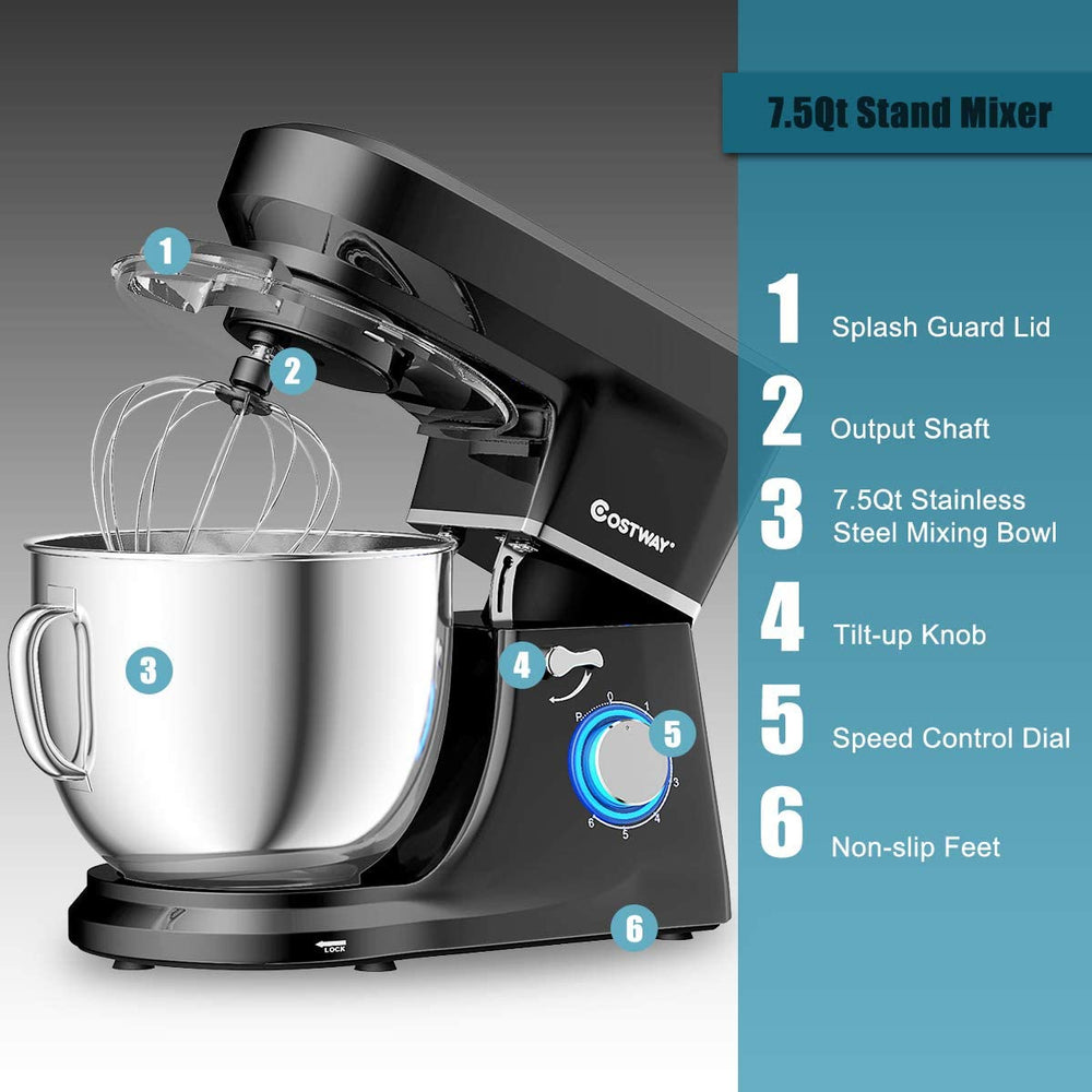 COSTWAY Stand Mixer, 6-Speed 7.5 QT Tilt-head Electric Kitchen Food Mixer 660W with Stainless Steel Bowl, Dough Hook, Beater, Whisk