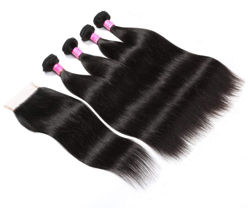 Blowing Straight Hair 3 Bundles with Closure Brazilian Virgin Hair Three Part Lace Closure with Bundles 8a Straight Human Hair Weft with Closure Three Part Natural Color（10 12 14+10)